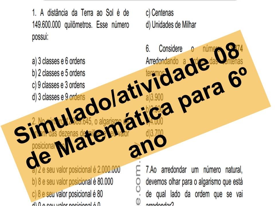 Simulado Aatividade 08 de Matemática para 6º ano