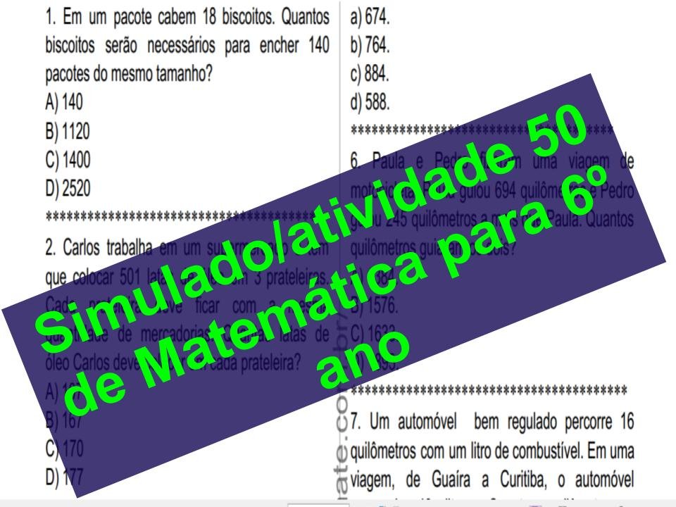 Simulado atividade 50 de Matemática para 6º ano