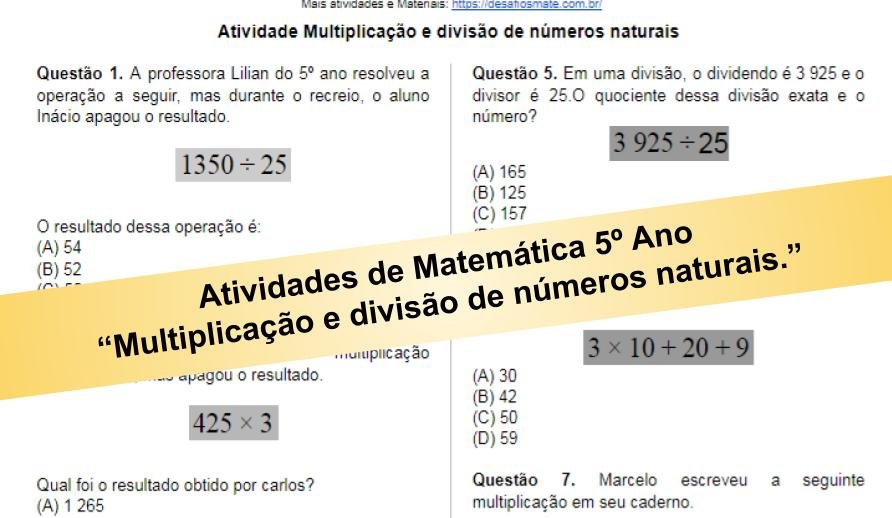 Atividades de matematica 5 ano Multiplicação e divisão de números naturais