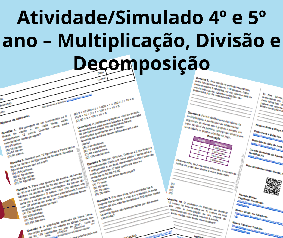Atividade/Simulado 4º - Multiplicação, Divisão e Decomposição 8 Atividade sobre Soma e Subtracao em PDF para Educacao Infantil – Para baixar 1