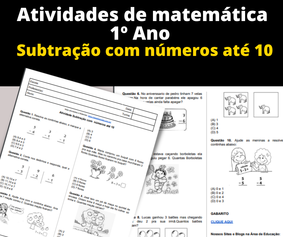 Atividades de matemática 1º Ano - Subtração com números até 10 7 Atividades de matematica 1o Ano – Subtracao com numeros ate 10